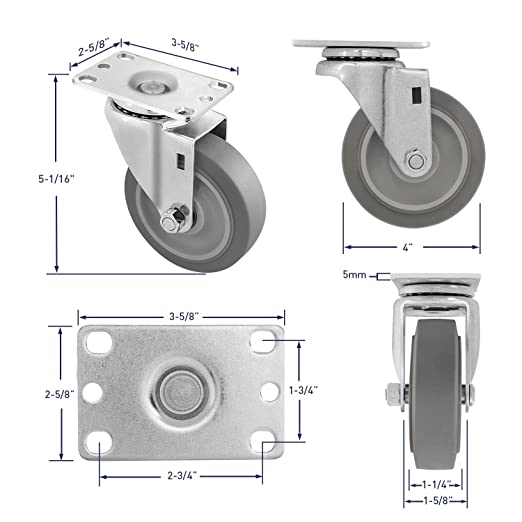 4" 4 Pack Plate Caster, Thermoplastic Light Heavy Duty Rubber Gray Swivel Caster, Top Plate Casters, 1440 lbs Total Capacity (4 inches Pack of 4, Swivel Wheel)