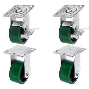 4" Polyurethane Plate Casters - 4 Pack with 2800 lbs Capacity, Green - 2 Swivel w/Brakes + 2 Rigid, Extra Width 2", Molded Steel Wheels, Top Plate Mounting