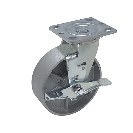4-Pack Heavy Duty Plate Casters with 6-inch Steel Cast Iron Wheels and 4800 lbs Total Capacity - 2 Swivel Casters with Brakes and 2 Rigid Casters - Silver Finish with Extra 2-inch Width on Top Plate