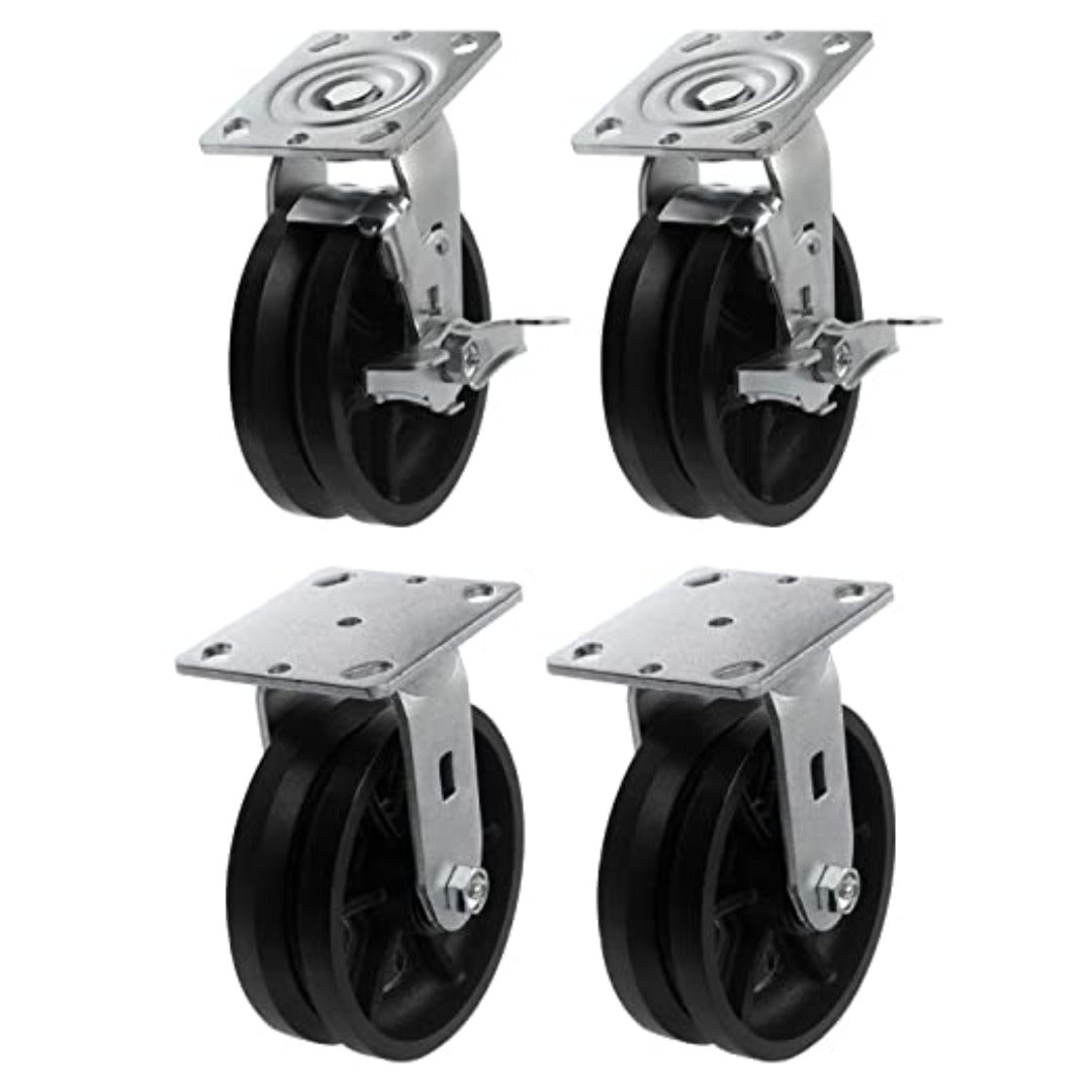 4"x2" Heavy Duty Iron V-Groove Wheel Top Plate Width 2" Caster Capacity up to 3200 lbs (2 Swivel w/Brake&2 Rigid Black)