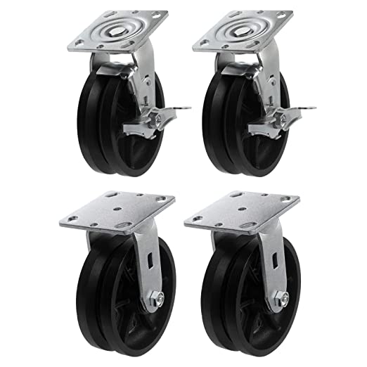 6"x2" Heavy Duty Iron V-Groove Wheel Top Plate Width 2" Caster Capacity up to 4000 lbs (2 Swivel w/Brake&2 Rigid Black)