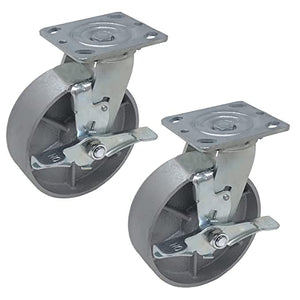 Heavy-Duty 6" Plate Casters (2 Pack) with 2400 lbs Total Capacity - Steel Cast Iron Wheels, Extra 2" Width, Swivel with Brake (Silver)