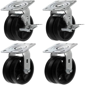 Maximize Mobility and Capacity with 6" Cast Iron V-Groove Top Plate Caster - 4 Pack with 2" Extra Width and 4000 lbs Total Capacity - Includes 4 Swivel and 2 with Brakes
