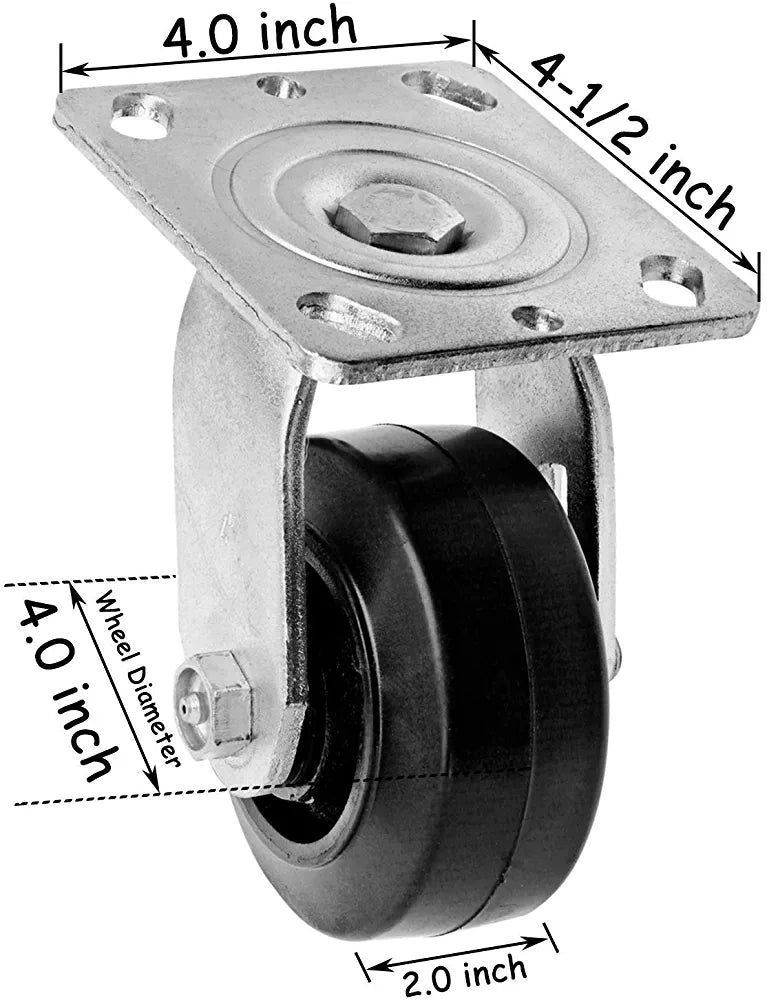 Maximize Your Mobility with 4-Pack 4" Medium Heavy Duty Plate Casters - 1800 lbs Total Capacity, Swivel Rubber Molded Steel Wheels, and Extra 2" Width Top Plate