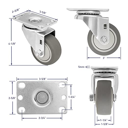 4-Pack 3-Inch Swivel Plate Casters, Heavy-Duty Rubber with 1000lbs Capacity, 2 Brakes Included