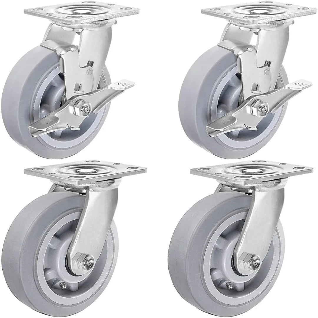 6" Thermoplastic Rubber Gray Swivel Caster, Top Plate (Pack of 4, 2 w/Brake) - 2200 lbs Capacity