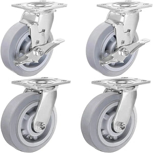 Heavy Duty 5" Gray Rubber Plate Casters - 4 Pack with 2 Brakes - 1600 lbs Total Capacity - Swivel Top Plate Casters