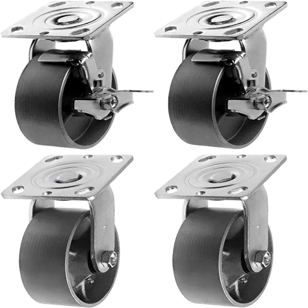Heavy Duty 5" Plate Casters - 4 Pack with 4000 lbs Total Capacity, Silver Swivel Wheels with Brake and Extra 2" Width - Ideal for Industrial Use