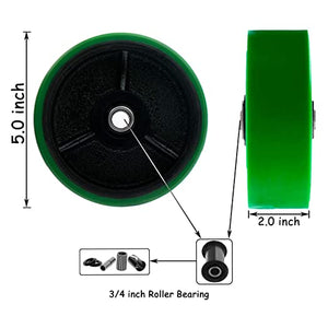 Heavy Duty Plate Casters with Polyurethane Molded Steel Wheels - 5 Inch Pack of 4, Green (2 Swivel + 2 Rigid) - Total Capacity 4000 lbs, Extra Width Top Plate Caster
