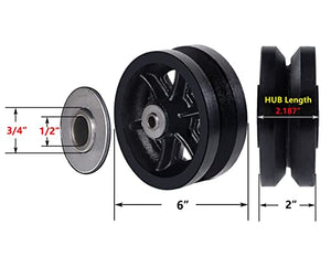 6"x2" Cast Iron V Groove Caster Wheel with Straight Roller Bearing Capacity 4000 lbs (4 Black Wheels)