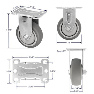4-Pack 3.5" Thermoplastic Rubber Plate Casters with 1200 lbs Total Capacity, Swivel and Rigid with Brakes