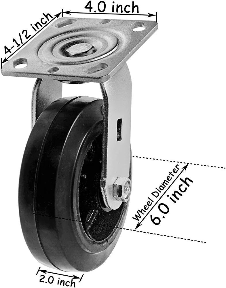 6" Heavy Duty Swivel Plate Casters with Brake - 2 Pack, 1200 lbs Total Capacity, Rubber Mold on Steel Wheel, Top Plate Caster with 2 Inches Extra Width