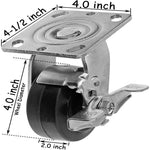 Set of 4 Medium Heavy Duty Swivel Plate Casters with Brakes - 4"x2" Rubber Mold on Steel Wheel - 1800 lbs Total Capacity (Pack of 4)