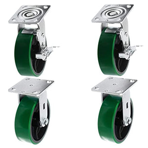 Pack of 4 Polyurethane Plate Casters with Steel Wheels, 6 Inches Diameter and 4800 lbs Capacity, Green Color, 2 Swivel Casters with Brakes and 2 Rigid Casters, Extra 2 Inches Width on Top Plate