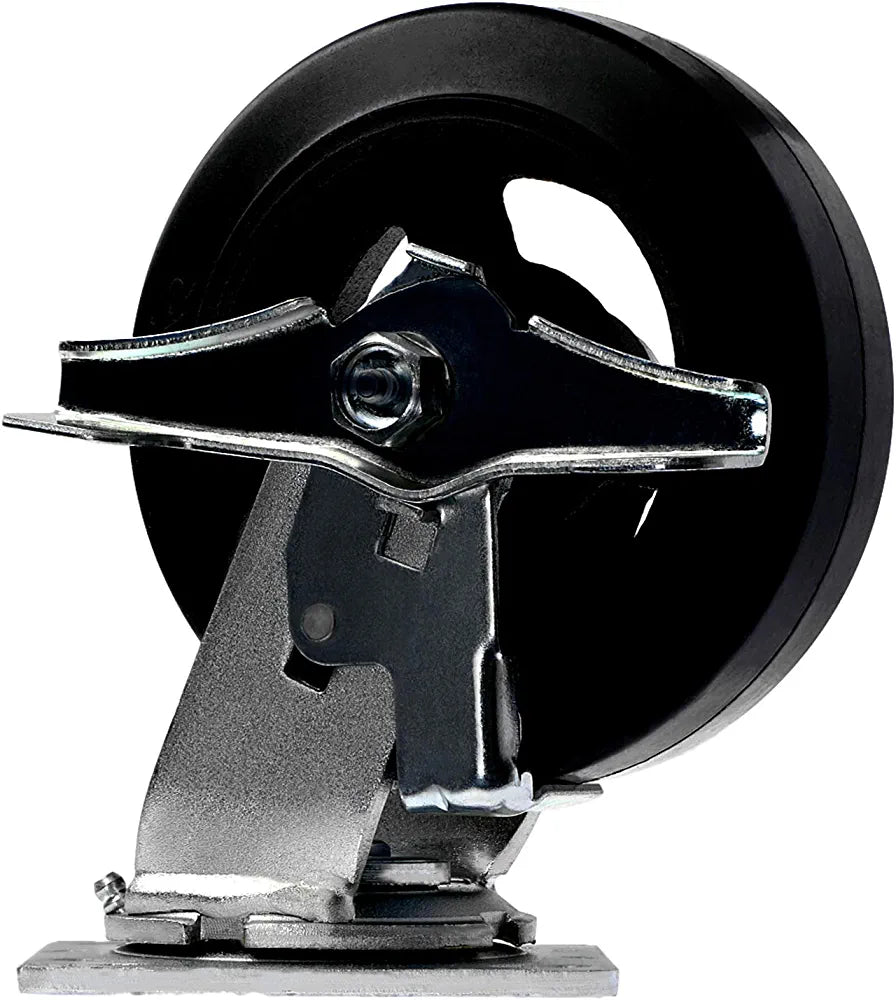 Heavy Duty 6" Plate Caster 4-Pack - 2400 lbs Capacity (2 Swivel w/Brakes, 2 Rigid) - Rubber Mold on Steel Wheel - Top Plate Caster 2" Width