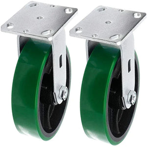 6" Heavy Duty Plate Caster, Polyurethane Mold on Steel Wheel, 2400 lbs Total Capacity (Pack of 2, Green Rigid)