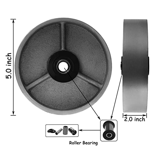 Heavy Duty 5-Inch Steel Cast Iron Caster Wheel with Rolling Bearing, Steel Bushing, and 2-Inch Extra Width - 700 lbs Total Capacity - Pack of 1