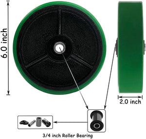 6" Heavy Duty Plate Caster, Polyurethane Mold on Steel Wheel, 2400 lbs Total Capacity (Pack of 2, Green Rigid)
