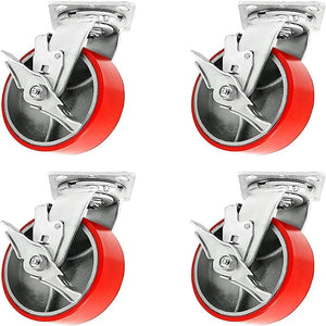5" Heavy Duty Plate Caster w/ Polyurethane Wheels (4 Pack) - Supports up to 4000 lbs w/ Red Swivel & Brake