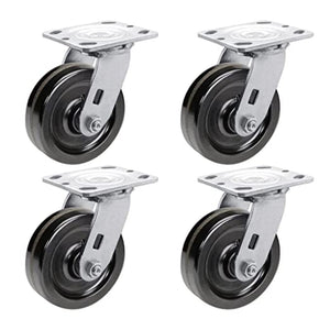 4-Pack Heavy Duty Plate Casters with 5-Inch Phenolic Wheels, 2-Inch Extra Width, and 4000 lbs Total Capacity (Swivel)