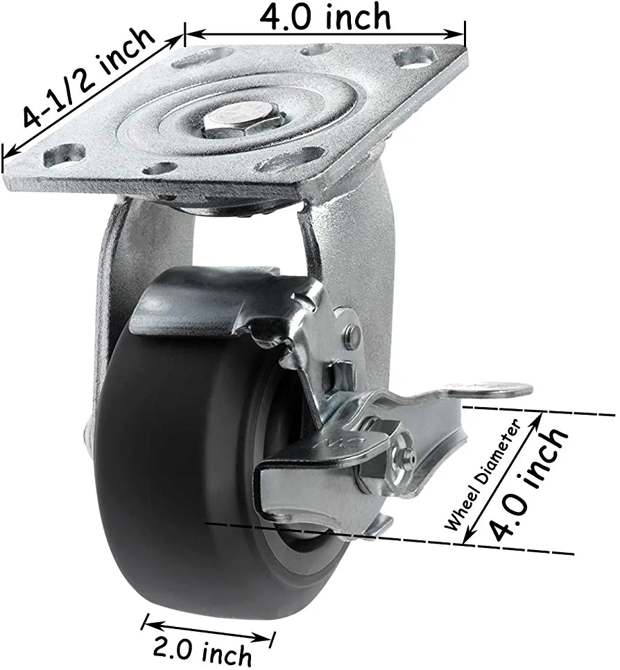 Heavy Duty 4 Inch Rubber Plate Casters - 4 Pack with 2 Brakes, 1400 lbs Total Capacity - Thermoplastic Swivel Caster Set