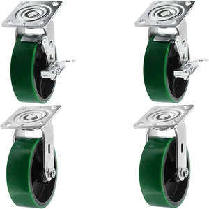 6" 4 Pack Plate Caster, Heavy Duty Polyurethane Mold on Steel Wheel w/Top Plate Caster Extra Width 2 inches 4800 lbs Total Capacity (6 inches Pack of 4, Green, 2 Swivel + 2 Rigid)