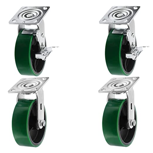 4 Pack 6-inch Plate Casters with Heavy Duty Polyurethane Wheels, 4800 lbs Total Capacity, Top Plate Caster with 2-inch Extra Width, 4 Swivel (2 with Brake)