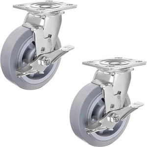 Heavy Duty 5" Rubber Swivel Plate Casters - 2 Pack with Brake, 800 lbs Total Capacity