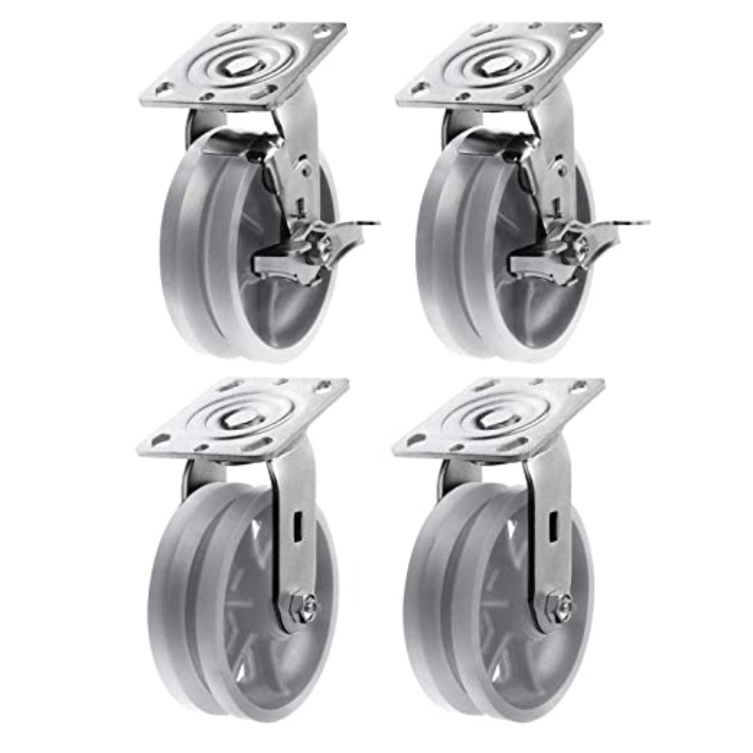 4"x2" Heavy Duty Iron V-Groove Wheel Top Plate Width 2" Caster Capacity up to 3200 lbs (2 Swivel & 2 w/Brake Silver)