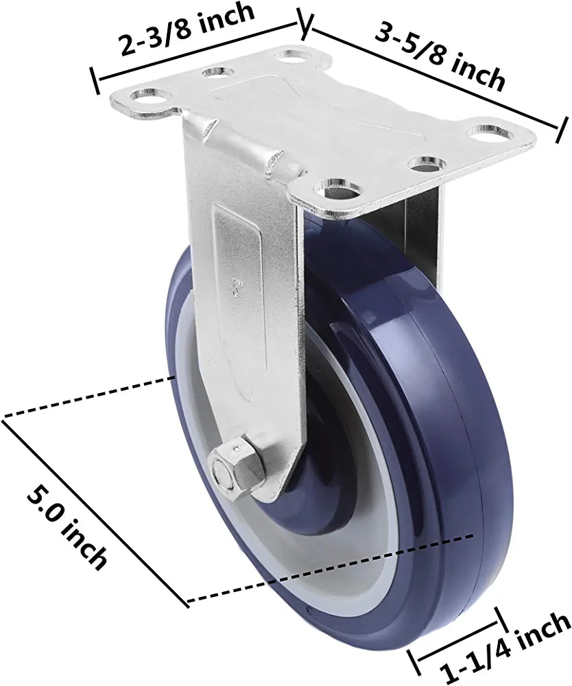  5" 4 Pack Plate Caster, Polyurethane Caster w/Double Ball Bearing Top Plate Wheel 1400 lbs Total Capacity (5 inches Pack of 4, Dark Blue/Beige, 2 Swivels + 2 Rigid)