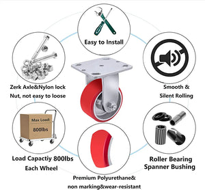 Industrial Polyurethane Casters - Heavy Duty 4"x2" Set of 4 (2 Brake, 2 Rigid) with 3000 LB Load-Bearing Capacity - Ideal for Furniture, Workbenches, and Toolboxes