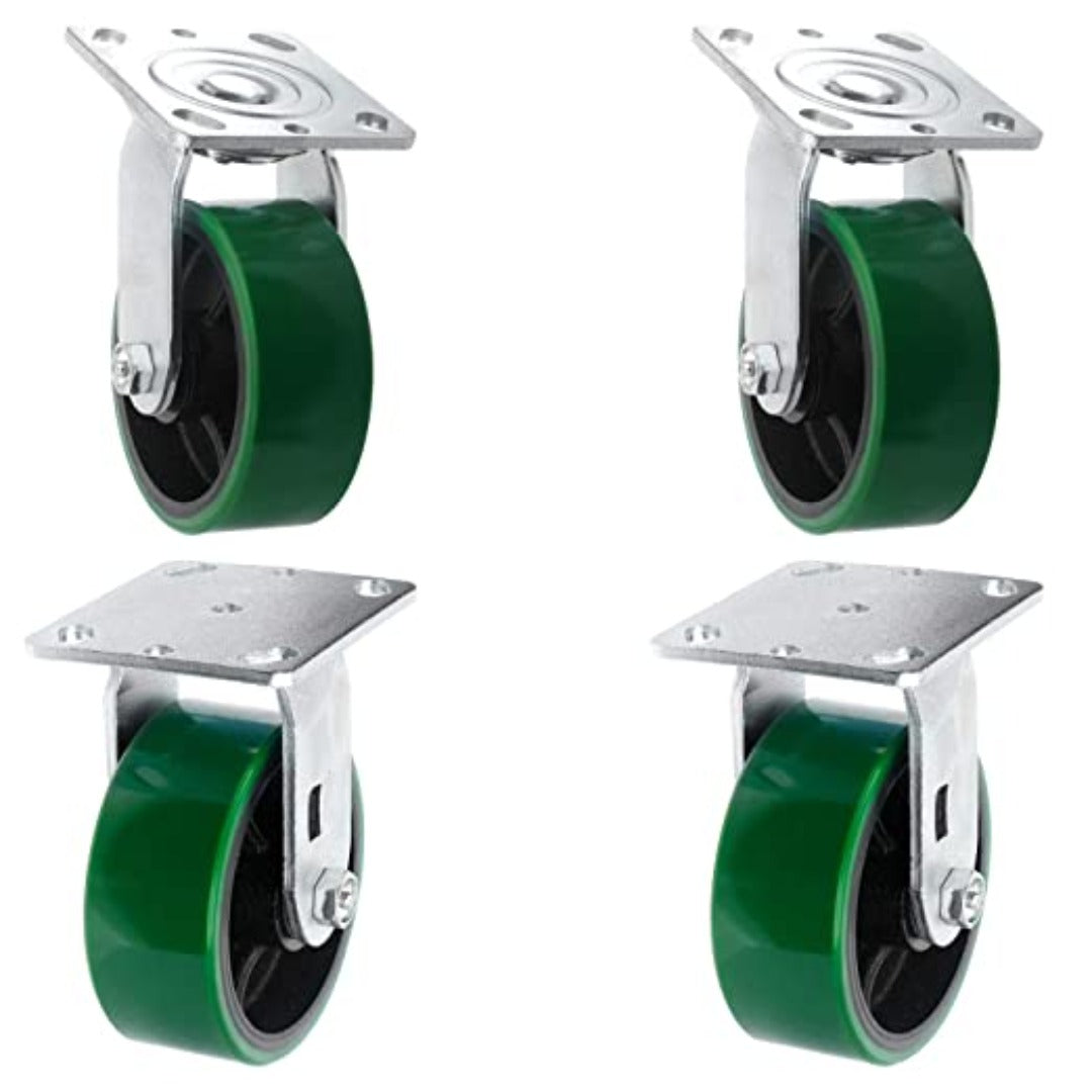 Heavy Duty Plate Casters with Polyurethane Molded Steel Wheels - 5 Inch Pack of 4, Green (2 Swivel + 2 Rigid) - Total Capacity 4000 lbs, Extra Width Top Plate Caster