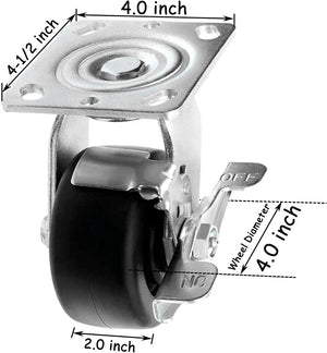 Medium Heavy Duty 4" Plate Casters with Polyolefin Wheels - 2600 lbs Total Capacity (Pack of 4, 4 Swivel with 2 Brakes) - Top Plate Extra Width 2 Inches