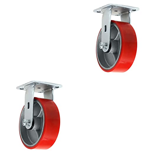 Heavy Duty 5" Plate Caster with 2" Extra Width, 2000 lbs Total Capacity - Pack of 2 Red Rigid Casters with Polyurethane Mold on Steel Wheels