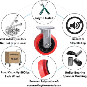Heavy-Duty 5" Caster Wheels - 4 Pack Set with 3000 lbs Total Capacity, Polyolefin/Polyurethane Wheels, 2 Swivel + 2 Rigid, Ideal for Pallet Trucks and Furniture, Red/Black