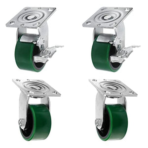 Heavy Duty Polyurethane Plate Casters: 4" 4 Pack with 2800 lbs Total Capacity, 2" Extra Width Top Plate, and Brake Feature (Green, 4 Swivel)
