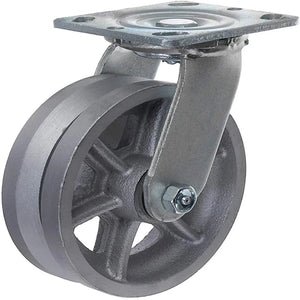 6" Cast Iron V-Groove Wheel Top Plate Caster - 1000 lbs Capacity, 2" Width, 1 Pack with Silver Swivel