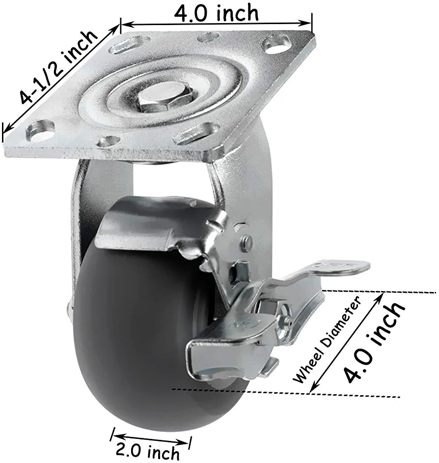 Maximize Mobility and Durability with 4-inch Crowned Thermoplastic Rubber Swivel Plate Casters - 1400 lbs Total Capacity (4 Pack: 4 Swivel, 2 with Brake)