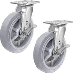 Set of 2 Heavy Duty 8-inch Swivel Plate Casters with Brake - 1200lbs Total Capacity - Gray Rubber Wheels