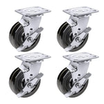Pack of 4 Heavy-Duty Plate Casters with 5-Inch Phenolic Wheels and 4000 lbs Total Capacity - Swivel with Brake and Extra 2-Inch Width