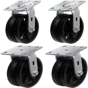 6" 4-Pack Cast Iron V-Groove Wheel Top Plate Caster with 4000 lbs Total Capacity - 2 Swivel & 2 Rigid (Pack of 4)