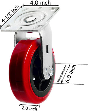 Maximize Mobility and Flexibility with 6" Plate Casters - Pack of 2, 1800 lbs Capacity, Polyolefin/Polyurethane Wheels, 2" Extra Width, Red/Black Swivel Design