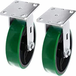 Heavy Duty 8" Plate Casters - 2 Pack with 2500 lbs Total Capacity, Polyurethane Wheels on Steel Mold, Extra Width Top Plate Caster for Easy Mobility (Green Rigid)