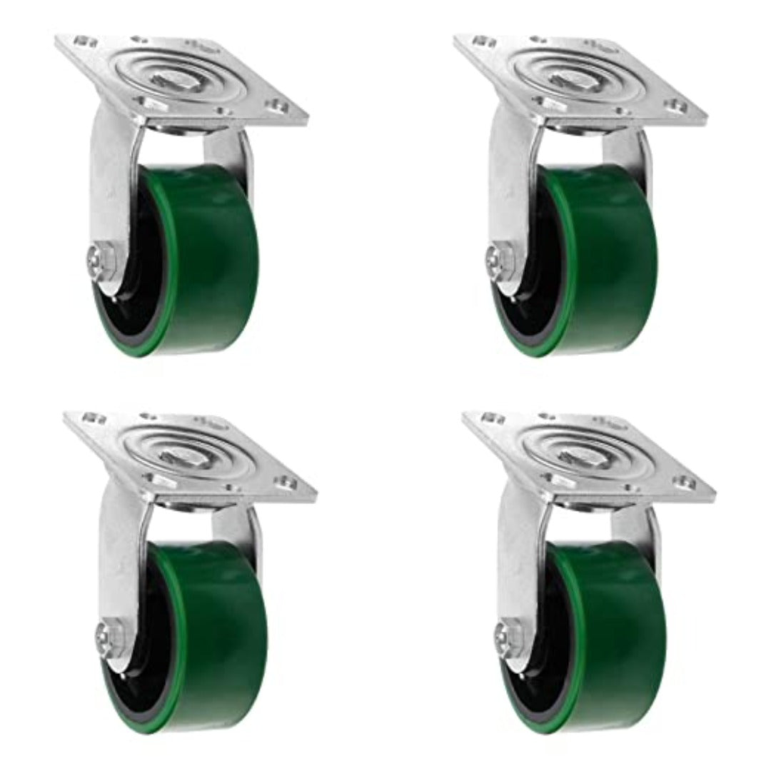 Heavy Duty Polyurethane Swivel and Rigid Caster Set - 4", 5", 6", 8" Wheels with Brake, Roller Bearings, and Steel Molded Construction (4-Pack, Green Swivel)