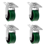 Heavy Duty Polyurethane Swivel and Rigid Caster Set - 4", 5", 6", 8" Wheels with Brake, Roller Bearings, and Steel Molded Construction (4-Pack, Green Swivel)
