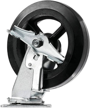 Medium Heavy Duty 8" 2-Pack Plate Casters with Rubber Mold on Steel Wheels, Swivel with Brake and Top Plate Extra Width 2 Inches, Total Capacity 1300 lbs