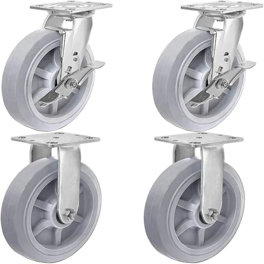 Maximize Mobility with 8" Thermoplastic Heavy Duty Rubber Plate Casters - Pack of 4 (4 Swivel, 2 with Brake) for Total Capacity of 2400 lbs