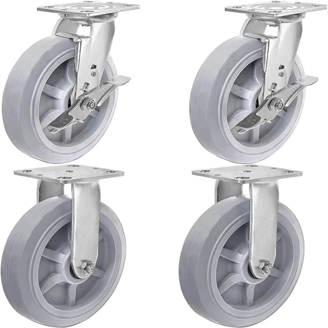 Premium 8" Heavy Duty Rubber Plate Casters - 4 Pack Set with 2400 lbs Total Capacity, Swivel/Rigid with Brake, Top Plate Caster Design - Gray