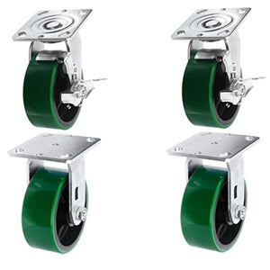 Heavy Duty 5" Polyurethane Plate Casters - 4 Pack, 4000lbs Capacity, 2 Swivel w/Brakes + 2 Rigid, Extra Width 2", Molded on Steel Wheel, Top Plate Caster