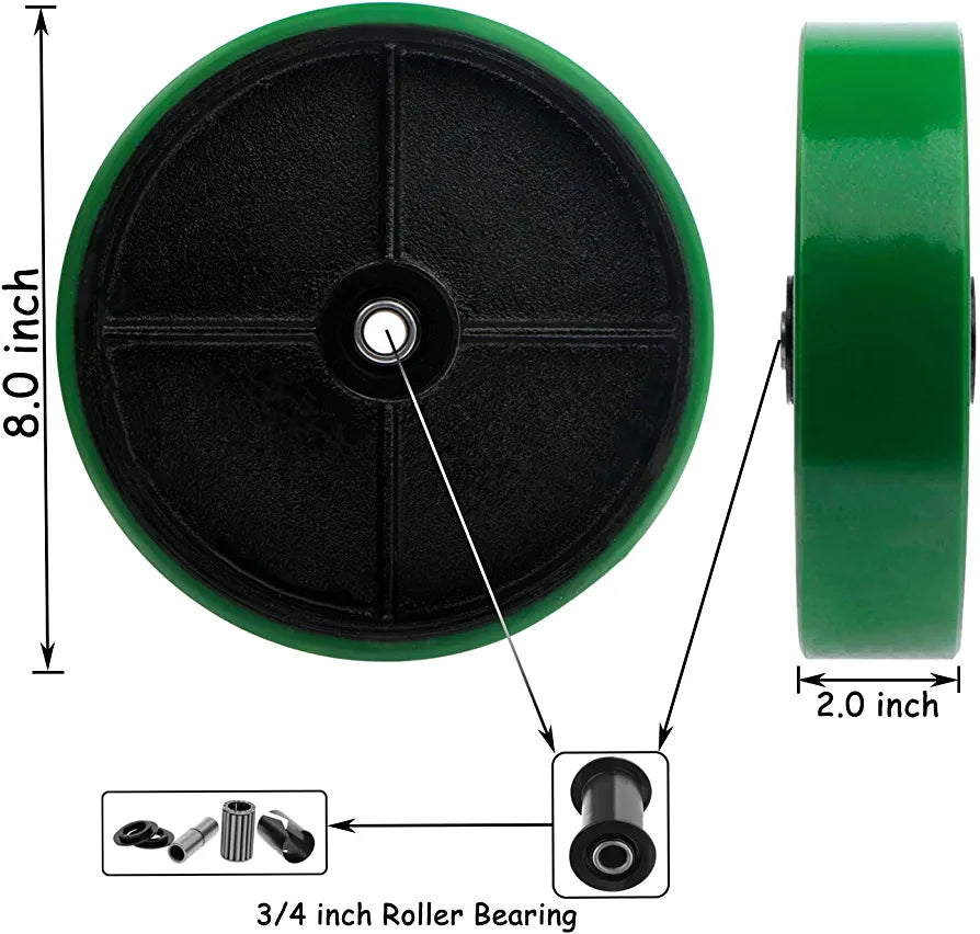 Heavy Duty 8" Plate Casters - 4 Pack Set with 5000lbs Capacity, Green Polyurethane Wheels, 2 Swivel + 2 Rigid Top Plate Casters